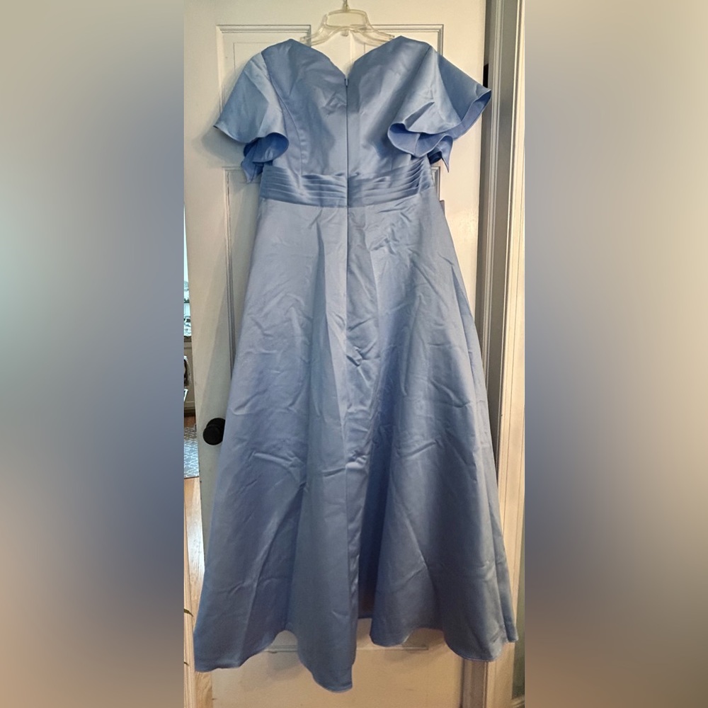 JJs House Satin Light Blue V-Neck Flutter Sleeve A-Line Gown - Picture 5 of 6